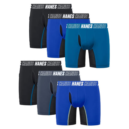 Hanes Boys' Moves Underwear Anti Chafe Boxer Briefs, Black/Blue- Long Leg, X-Large