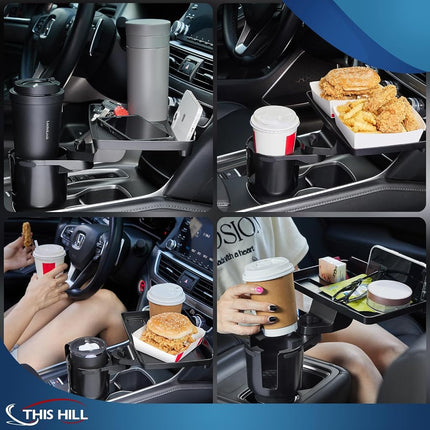 This Hill 2 Pack Cup Holder Tray for Car, 2 in 1 Detachable Car Food Table Tray with Solid Base & Phone Slot,Car Cup Holder Expander with 360°Rotation Tray for Travel Road Essentials Accessories