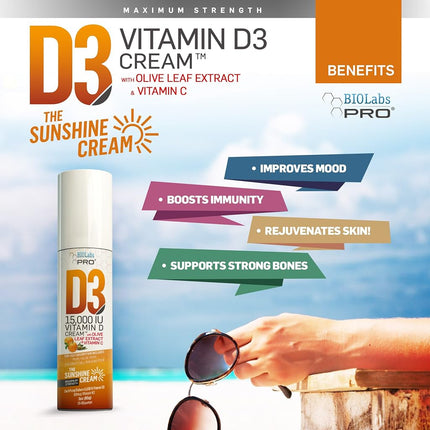 All Natural Vitamin D3 15000IU Vitamin D Cream - Maximum Strength - Fight Vitamin D Deficiency Naturally - with Vitamin K2 & Olive Leaf Extract - Safe & Effective - 3oz