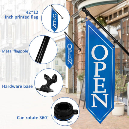 OPEN Flag with Pole Kit - Heavy Duty Canvas Open Banner for Business Storefront, 42x12 Inch Outdoor Double-Sided Sign with Bracket - Advertising Signage for Retail & Shops (Red)