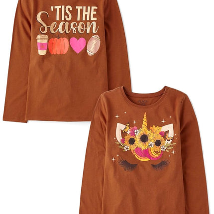 The Children's Place Girls' All Holidays Long Sleeve Graphic T-Shirts,multipacks, Tis The Season/Flower Unicorn 2-Pack, Large
