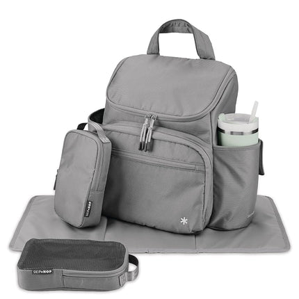 Skip Hop Diaper Bag Backpack with Portable Changing Pad Adjustable Pocket for 30 oz. Tumblers 9 Total Pockets Insulated Packing Cubes Luggage Sleeve & Stroller Straps Fits a 14” Laptop Forma Next Grey