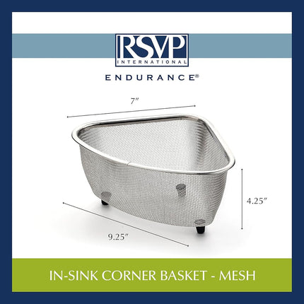 RSVP International Endurance® in-Sink Mesh Colander Strainer Basket, 3 Quart | Organize Sponges, Collect Food Scraps | Dishwasher Safe | Small Corner Basket | Steaming, Draining & Rinsing