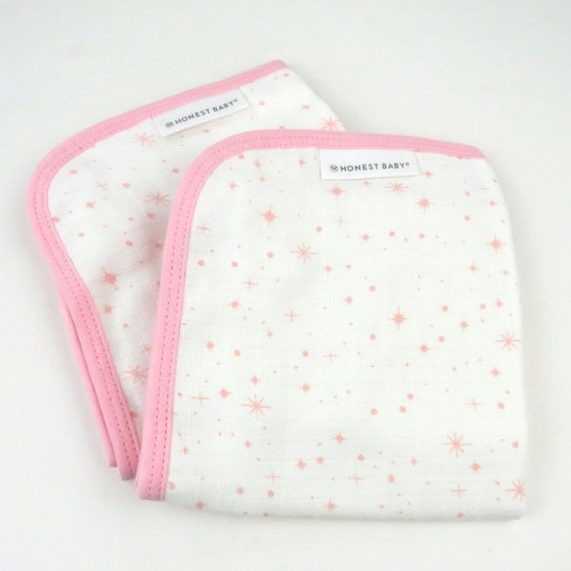 HonestBaby Unisex Baby 3-Piece Organic Cotton Hooded Towel & Washcloth Set, Twinkle Star White/Pink, One Size