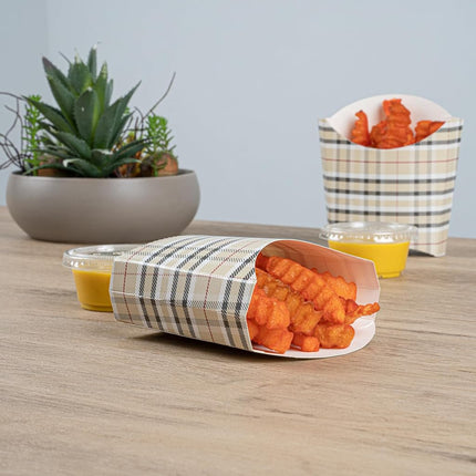 Bio Tek 4.5 x 3.2 x 3.9 Inch French Fry Cup, 100 Disposable Snack Cups - Stackable, Sustainable, Plaid Paper 3 Ounce Fry Holder, for Fries, Onion Rings, Popcorn, or Cookies - Restaurantware