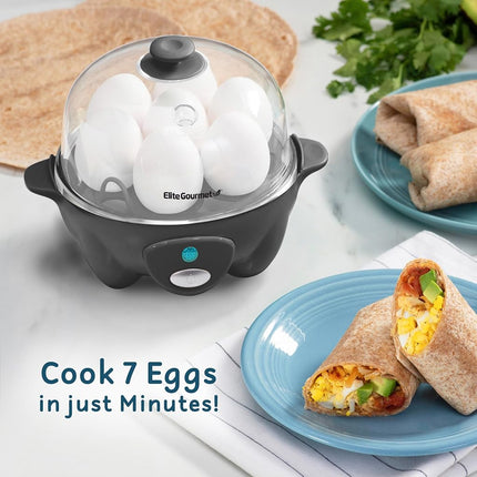 Elite Gourmet EGC710DKG Rapid Egg Cooker, 7 Easy-To-Peel, Hard, Medium, Soft Boiled Eggs, Poacher, Omelet Maker, Auto Shut-Off, Alarm, 16-Recipe Booklet, BPA-Free, Ash