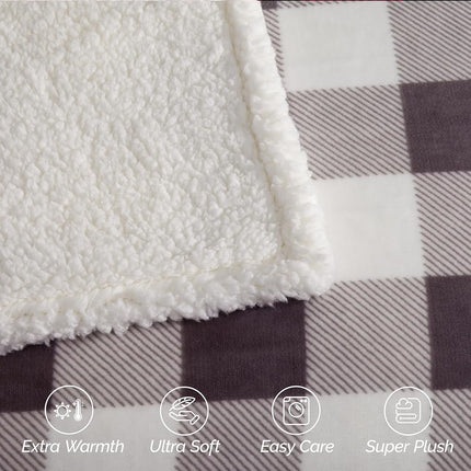 Elegant Comfort Ultra Soft Reversible Buffalo Plaid Flannel Sherpa Blanket - Cozy Silky Checkered Fleece Throw for Couch, Bed - Plush Fuzzy Warm Winter Blanket for Gift, Twin XL, Gray