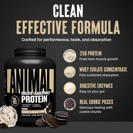 Universal Nutrition Animal Whey Isolate Loaded Whey Protein Powder Supplement, Cookies and Cream, 4 Pound