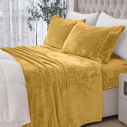 Parure de draps 4 pièces en velours doux et luxueux, qualité supérieure, douce et chaude, antistatique, anti-boulochage, en flanelle de velours polaire avec poches profondes – Twin XL, Doré