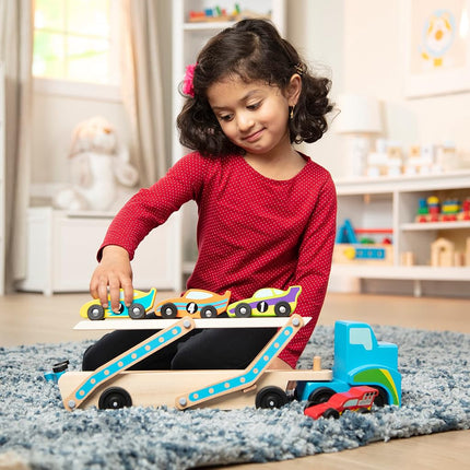 Melissa & Doug Mega Race-Car Carrier | Wooden Vehicles & Trains | Trucks & Vehicles | 7+ | Gift for Boy or Girl
