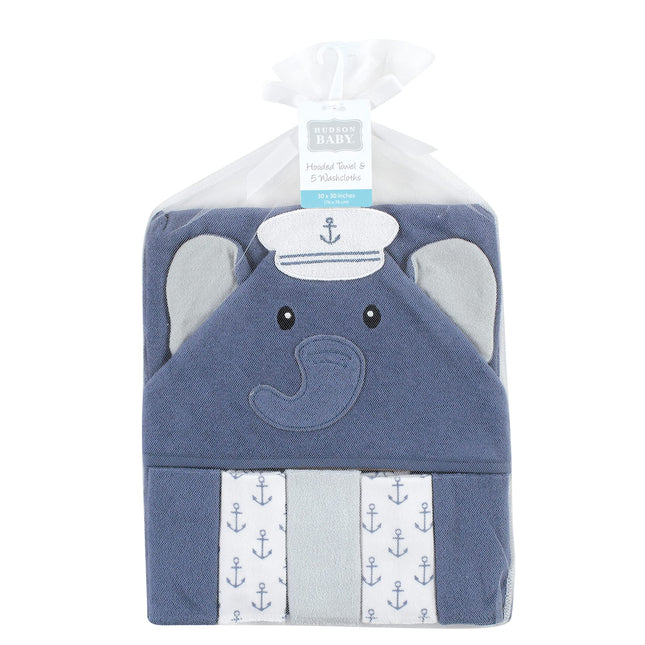Hudson Baby Unisex Baby Hooded Towel and Five Washcloths, Sailor Elephant, One Size