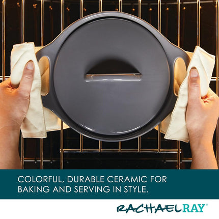 Rachael Ray Solid Glazed Ceramics Casserole Bakeware/Baker Set with Shared Lid, 3 Piece, Dark Gray