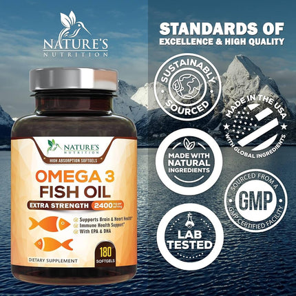 Omega 3 Fish Oil Supplements - 2400mg Fish Oil Per Serving - Triple Strength Omega-3 with EPA & DHA Fatty Acids - Natural Heart, Brain & Immune Support - Wild Caught, Bottled in USA - 180 Softgels