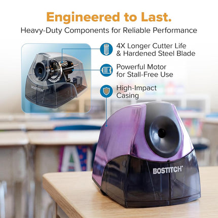 Bostitch Personal Electric Pencil Sharpener, Powerful Stall-Free Motor, High Capacity Shavings Tray, Metallic Purple
