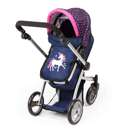 Bayer Design 18354AC Huge pram Jogger Sport, Dolls Stroller, Height Adjustable, Mega Set with Lots of Accessories, Travel Bed, Shoulder Bag and Much More,Blue, Pink, Unicorn,67x 36 x 74 cm