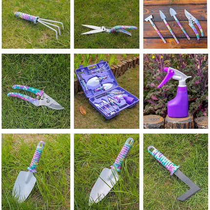 Gardening Tools, LEKEONE 10 Pieces Garden Tools with Floral Print, Ergonomic Handle Trowel Rake Weeder Pruner Shears Sprayer,Gardening Supplies with Carrying Case Gifts for Women
