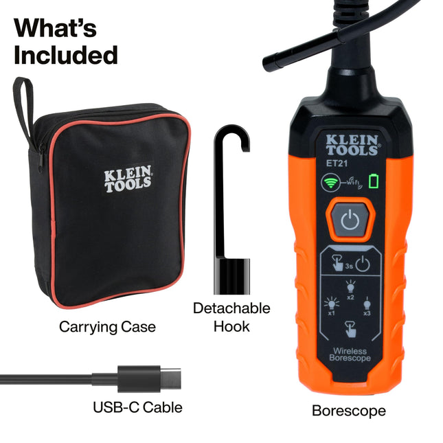 Klein Tools ET21 WiFi borescope with light, inspection camera for iPhone and Android, waterproof camera, IP67 rating, adjustable LED lighting