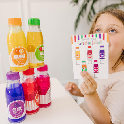 Juego de comida de juguete de Melissa & Doug: botellas de jugo Tip & Sip