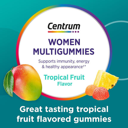 Centrum Women's Multivitamin Gummies, Tropical Fruit Flavors Made from Natural Flavors, 100 Count, 50 Day Supply