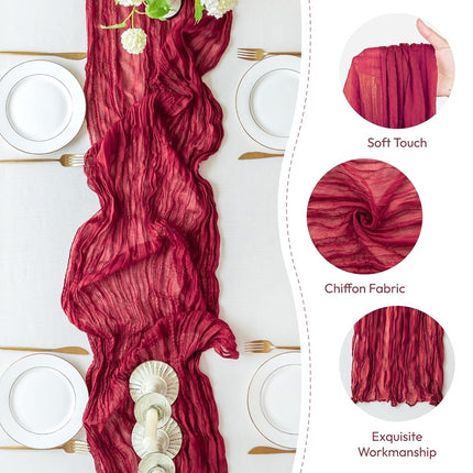 Sioloc 5 Pack Burgundy Red Cheesecloth Table Runner Summer Decor 90cmX300cm Boho Gauze Runner for Fall Autumn Halloween Decor Wedding Party Baby Bridal Shower Engagement
