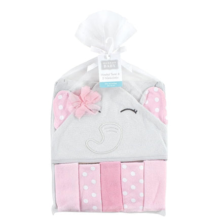 Hudson Baby Unisex Baby Hooded Towel and Five Washcloths, White Dots Pretty Elephant, One Size