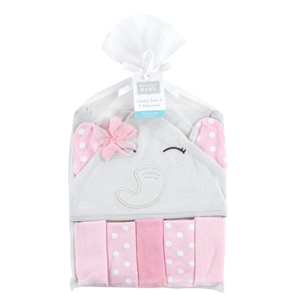 Hudson Baby Unisex Baby Hooded Towel and Five Washcloths, White Dots Pretty Elephant, One Size