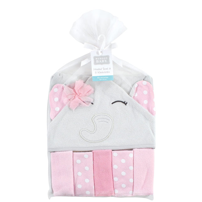 Hudson Baby Unisex Baby Hooded Towel and Five Washcloths, White Dots Pretty Elephant, One Size