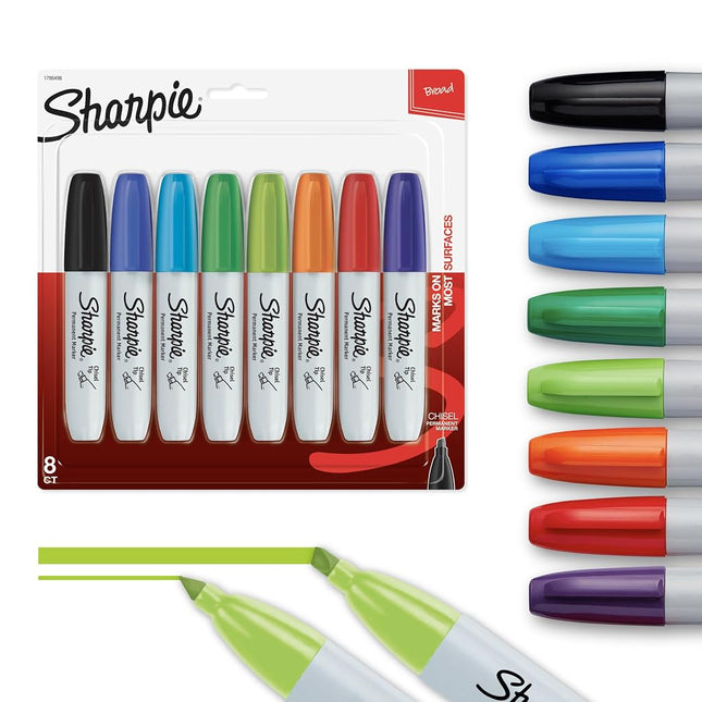 Marqueurs permanents Sharpie | Pointe biseautée | Couleurs assorties | Lot de 8