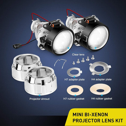 Nilight - 10041P 2.5" Mini Projector Lens for H1 Bulb Headlights Retrofit, Custom Headlamps Conversion: Chrome Shround, 2 Years Warranty