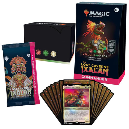 Magic: The Gathering Mazo de Commander Las Cavernas Perdidas de Ixalan - Veloci-ramp-tor (Mazo de 100 cartas, paquete de muestra de Collector Booster de 2 cartas + accesorios)