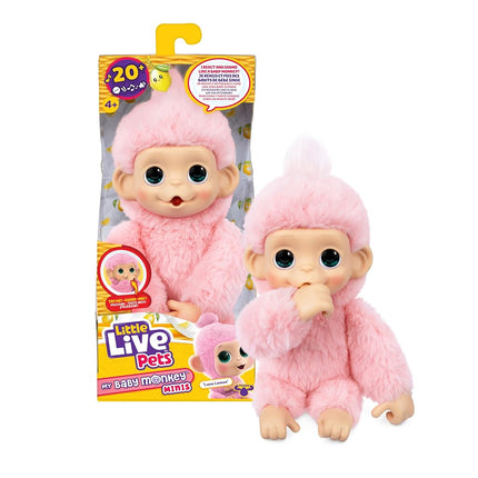 Little Live Pets Baby Monkey Minis – Luna Lemon. Interactive Pet Toy. 20+ Sounds & Reactions. Soft Pink Fur. 7.4" Tall. Feed, Nurture. React. Grippy Hands & Feet. Collect All 3