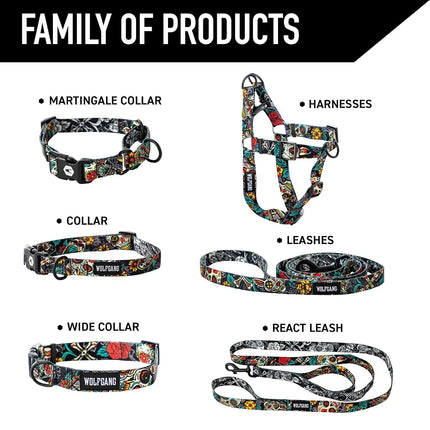 Wolfgang Adjustable Dog Training Collars, Durable & Easy to Clean Nylon Dog Collar with Quick Clip Buckles, for Training & Daily Use Made in USA, LosMuertos Print, (1 Inch x 12-18 Inch)