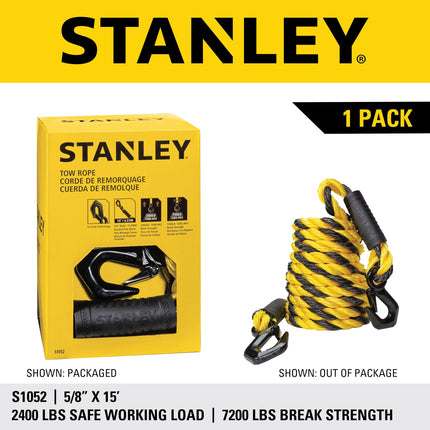 Cuerda de remolque trenzada de polimezcla Stanley S1052 negra/amarilla de 5/8" x 15' con gancho triple resistente (7200 lb de resistencia a la rotura)