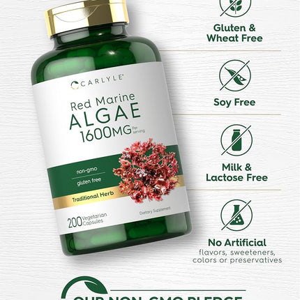 Red Marine Algae 1600mg | 200 Capsules | Vegetarian Supplement | Non-GMO, Gluten Free | by Carlyle
