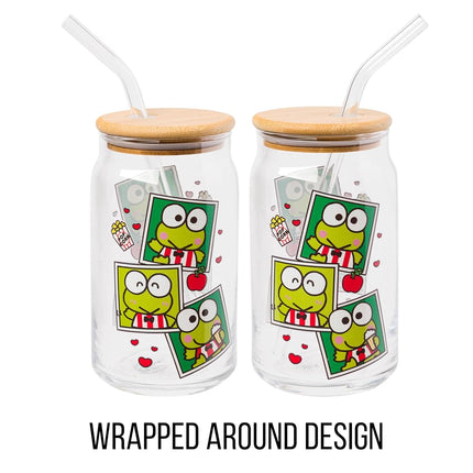 Silver Buffalo Sanrio Hello Kitty and Friends Keroppi Polaroids Glass Jar Tumbler with Bamboo Lid and Glass Straw, 16 Ounces