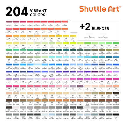 Shuttle Art Alcohol Markers, 204 Colours Dual Tip Art Markers Plus2 Colourless Blender, Felt Tip Colouring Pens with Case for Artist Adult Illustration Colouring Sketching Highlighting and Card Making
