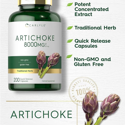 Artichoke Extract Capsules 8000mg | 200 Count | Non-GMO, Gluten Free Supplement | by Carlyle