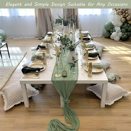 12 Pack 10Ft Cheesecloth Table Runner 35x120 Inch Boho Gauze Long Romantic Runner for Wedding, Bridal Shower, Birthday Party Decor (Dusty Sage Green)