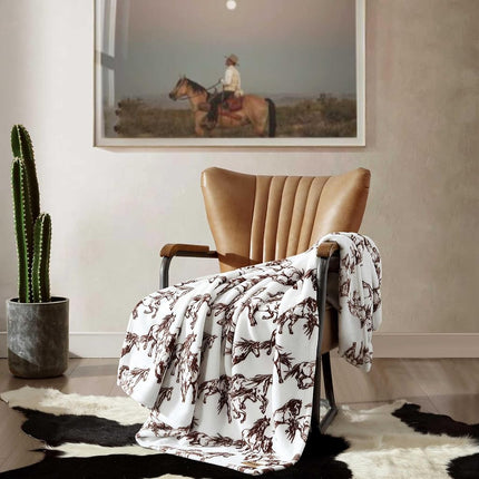 Wrangler - Throw Blanket, Soft Plush Fleece Bedding, Yellowstone Inspired, Western Decor for Bed or Couch (Mustangs Brown, 50" x 70")