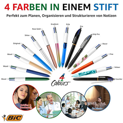 BIC 4 Colours Pro Multicoloured Pens, Retractable, Refillable, Pack of 12