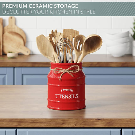 Barnyard Designs Ceramic Farmhouse Utensil Holder for Kitchen Counter, Large Rustic Utensil Crock, Countertop Cooking Tool Spatula Organizer, 6.75”, Red