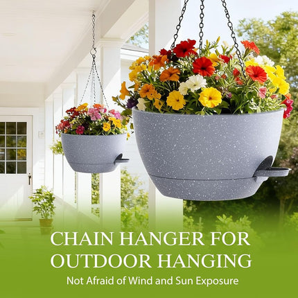 SQKH 12 Inch Hanging Baskets 2 PC with Chains, Self-Watering Hanging Planters for Indoor Outdoor Plants, Plastic Hanging Flower Pots,Speckled Grey