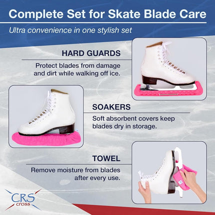 CRS Cross Skate Guards, Soakers and Towel Gift Set - Ice Skating Guards and Soft Skate Blade Covers for Figure Skating or Hockey (Power Pink, Large)