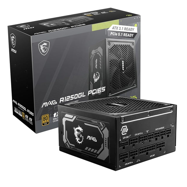 MSI MAG 1250GL PCIE 5 Gaming Power Supply - ATX 3.1 & PCIE 5.1 Ready - Full Modular - 80 Plus Gold Certified 1250W - Compact Size - ATX PSU - 10 Year Warranty