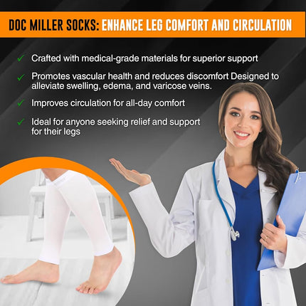 Doc Miller Calf Compression Sleeves for Men & Women, Footless Leg Compression Socks Support for Runners, 15–20mmHg Graduated, Shin Splints, Varicose Veins, Pain Relief & Swelling (1 Pair)