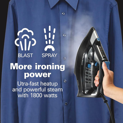Fer à vapeur Hamilton Beach pour vêtements et défroisseur avec pavé tactile intuitif FabricIQ, semelle durable en acier inoxydable, arrêt automatique à 3 voies, 1800 watts, réservoir d'eau de 350 ml, cordon de 3 m, noir (14950)