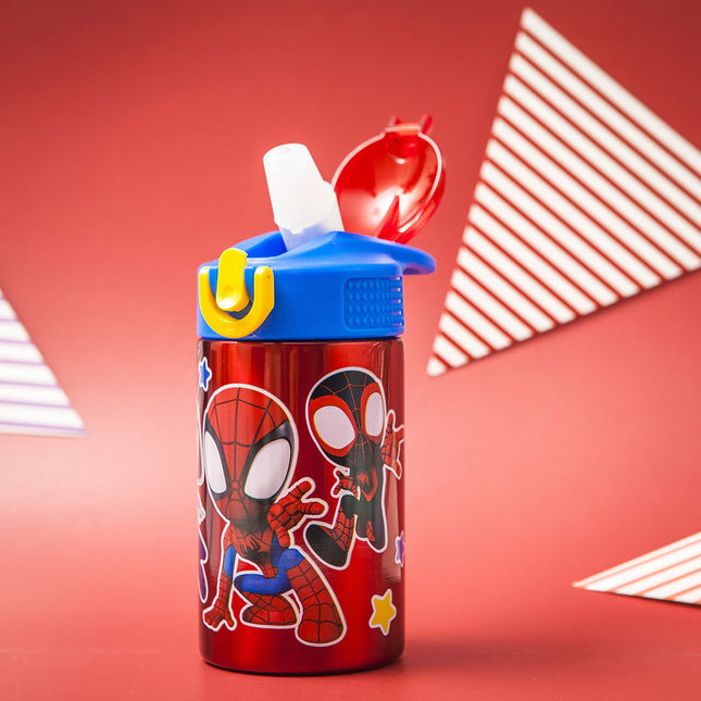 Bouteille d'eau Zak Designs Marvel Spider-Man en acier inoxydable 18/8 à paroi simple pour enfants, couvercle de bec verrouillable à paille basculante, tasse durable pour le sport ou les voyages (458 ml, sans BPA, Spidey et ses amis incroyables)