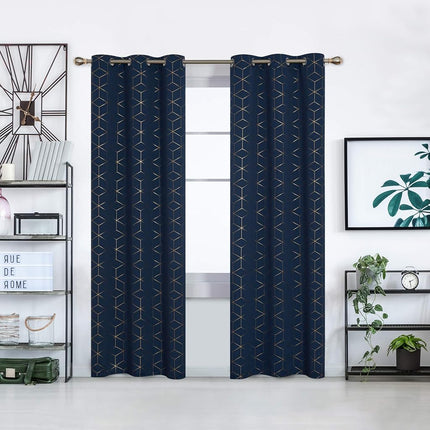 Deconovo Grommet Blackout Curtains with Gold Diamond Foil Print, Black, 52W x 84L