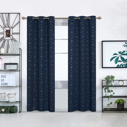 Deconovo Navy Blue Room Darkening Thermal Insulated Blackout Curtains, Gold Diamond Foil Print Noise Reducing Window Grommet Drapes for Kids Room, 52W x 95L Inch, 2 Panels
