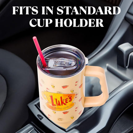 Silver Buffalo Gilmore Girls Luke's Diner – Gobelet isotherme en acier inoxydable avec poignée et paille, compatible avec les porte-gobelets standards, 1,18 litre